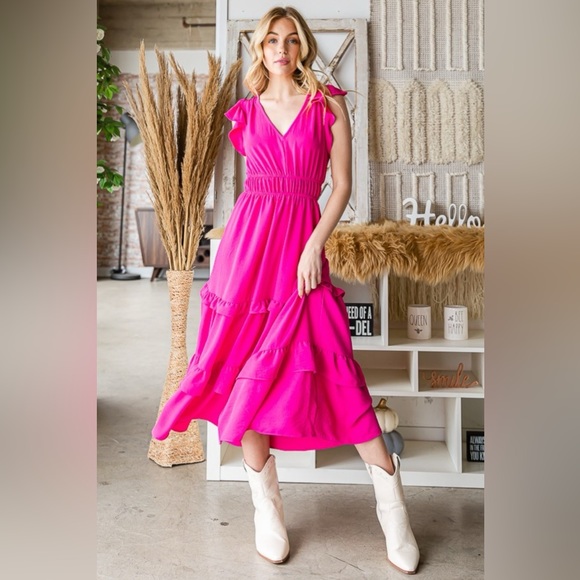 Reborn J V-Neck Ruffle Trim Tiered Midi Dress - Picture 3 of 5